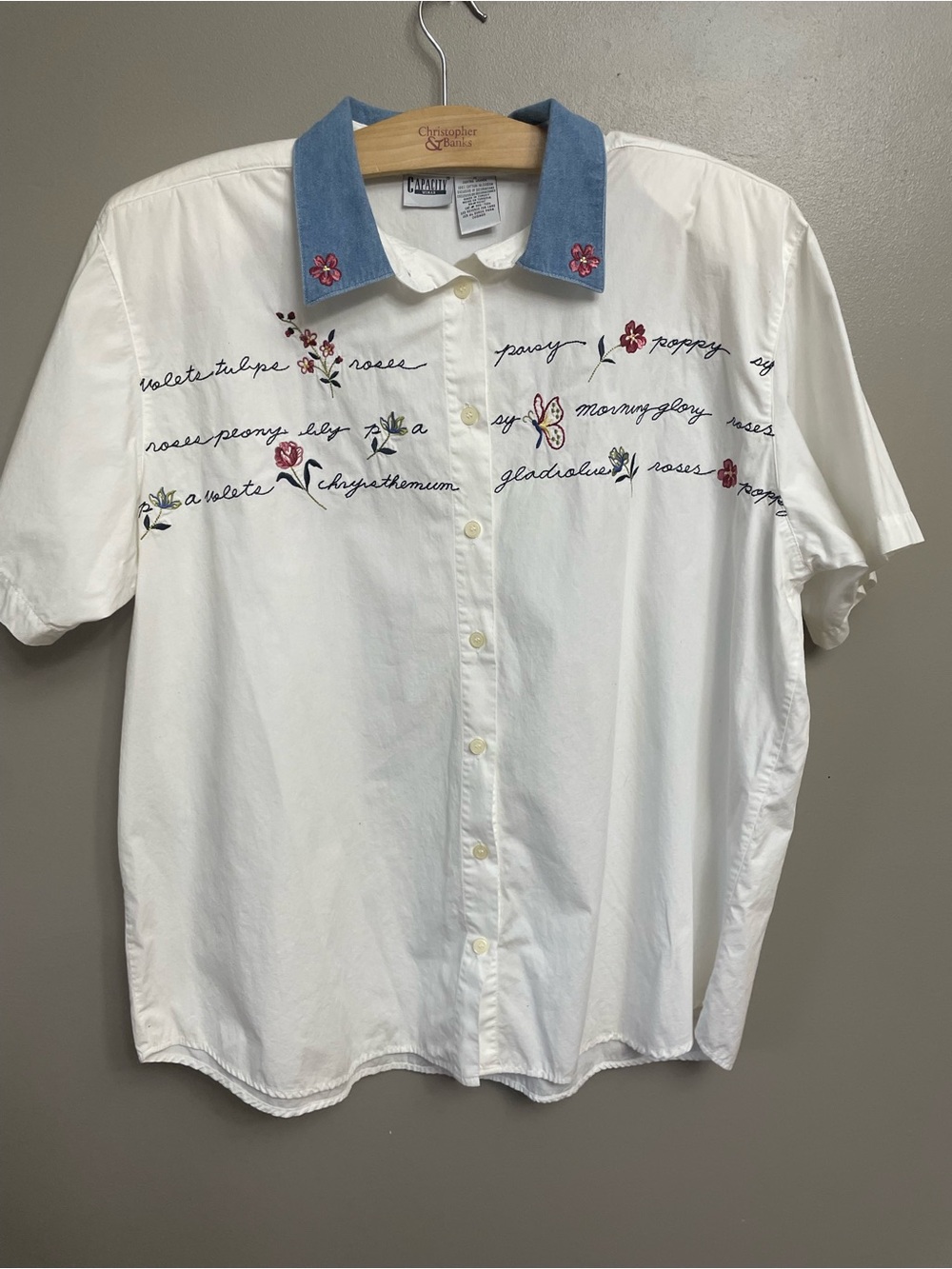 Capacity 100% Cotton Vintage denim collar Button Floral Embroidered Shirt 3XL